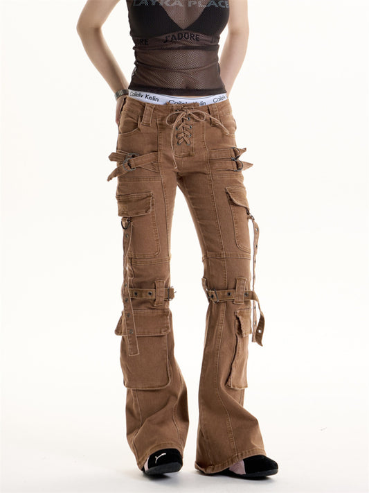 Retro Denim Brown Multi-Pocketed Women's Cargo Jeans