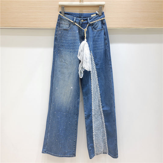 Irregular Lace Rhinestone Pearl Embellished Hollow-Out Design Women's Wide Leg Jeans