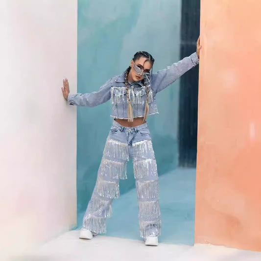 Sequined Denim Tiered Tassel Fringe Design Women's Straight Leg Jeans