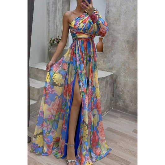 Floral Print Pleated Asymmetrical High Slit One Shoulder Long Sleeve Maxi Dress