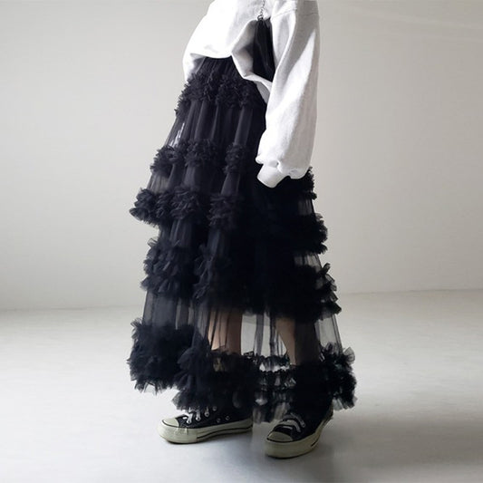 Mesh Tiered Sheer Transparent 3-Layer Spliced Tutu Maxi Skirt