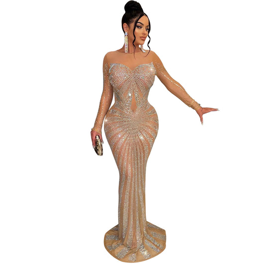 Metallic Hot Drill Rhinestone Sparkling Glitter Transparent Mesh Sheer Long Sleeve Formal Floor-Length Dress