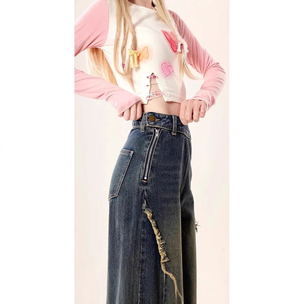 Vintage Faded Denim Butterfly Patch Design Raw Edge Women's Wide Leg Jeans