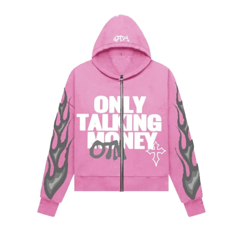 Men's "ONLY TALKING MONEY" Flame Letter Print Hip-Hop Zipper Hoodie Sweatshirts
