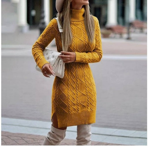 Turtleneck Weave Knitted Solid Color Pullover Long Sleeve Side Slit Sweater Dress to 5X Plus Size