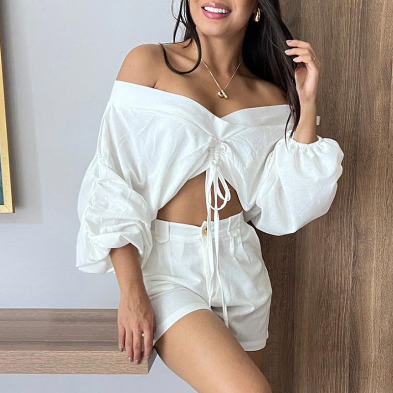 Off-the-Shoulder Women's Long Puff Sleeve Lace-Up Crop Top + High Waist Shorts 2-Piece Set