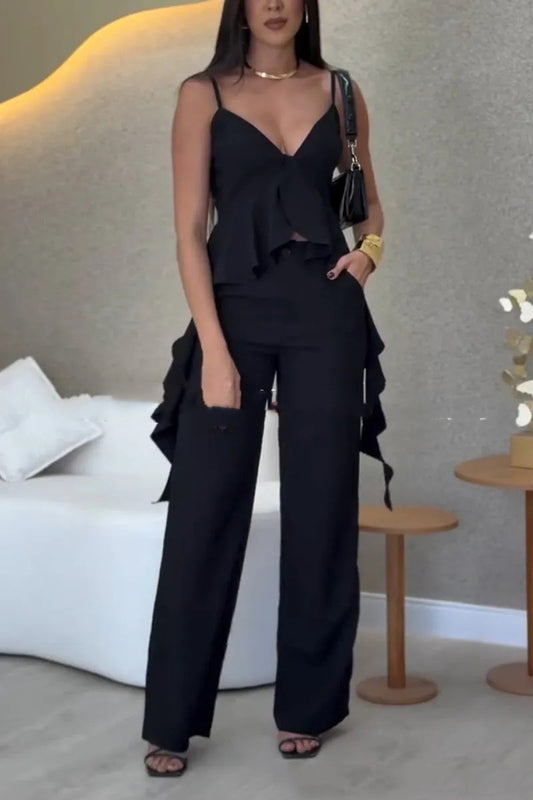 Ruffled Solid Color V-Neck Maxi Tank Top + Matching Leggings Women's 2-Piece Set