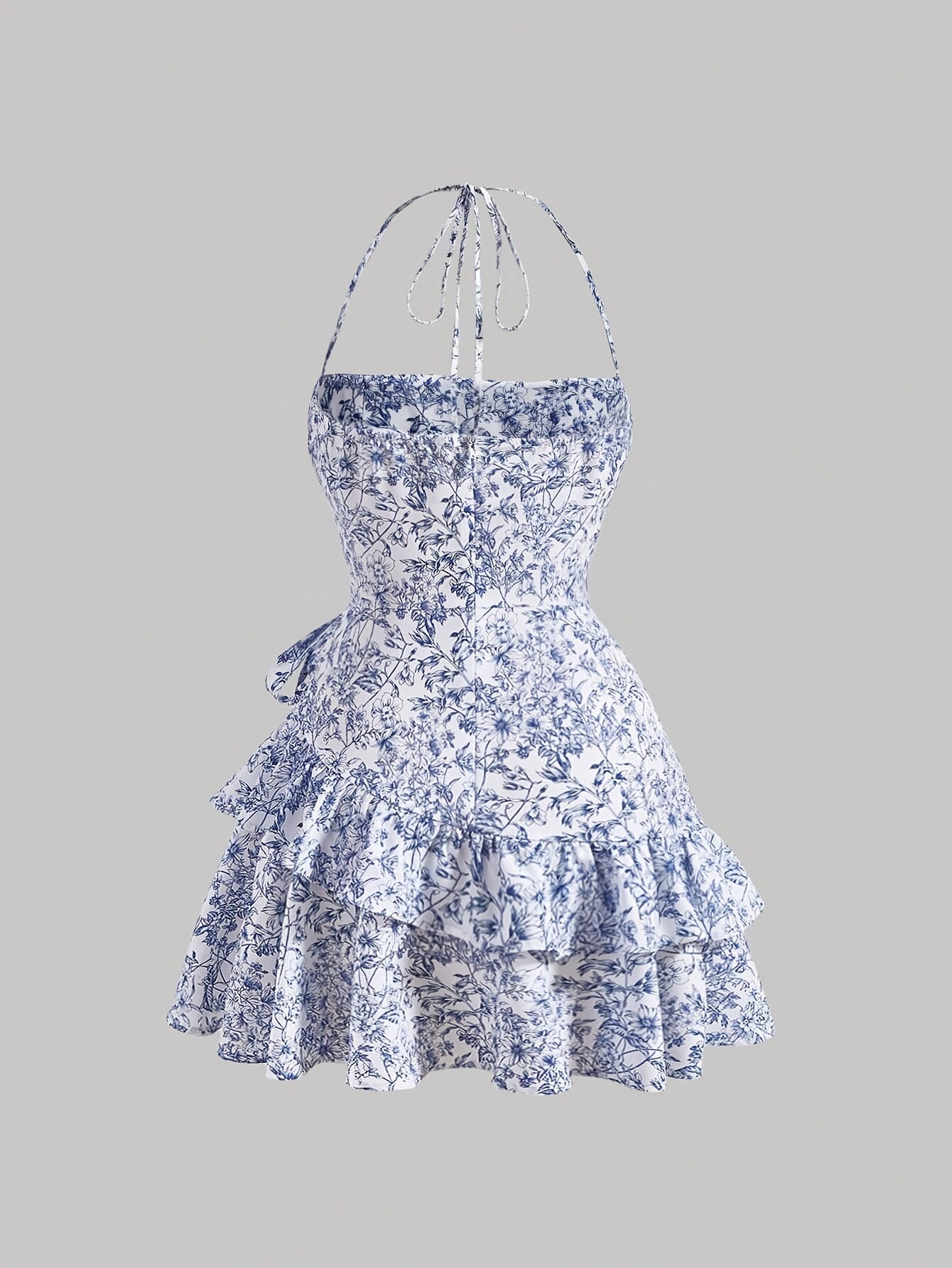 Floral Print Layered Ruffled Hem Halter Sleeveless Mini Dress