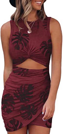 Ruched Tie-Dye/Leopard/Flower/Gradient Colorblock/Tropical Round Neck Hollow-Out Pullover Sleeveless Dress