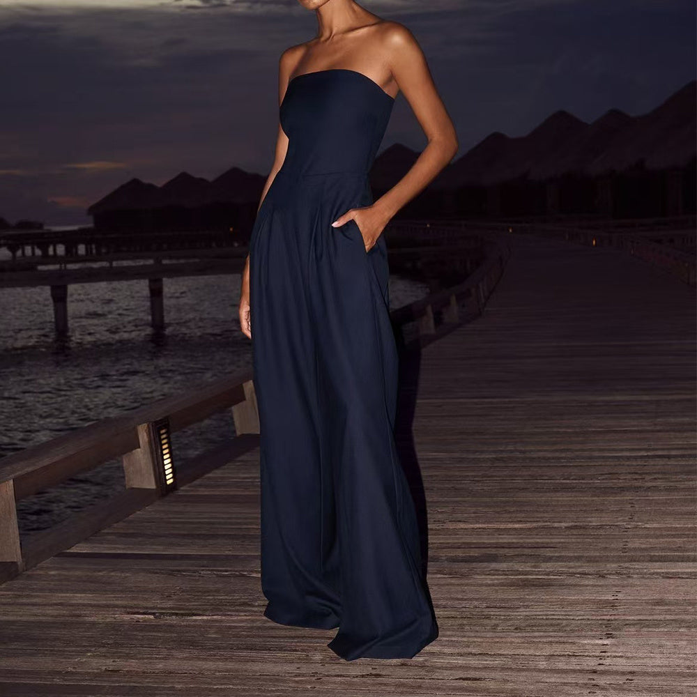 Sleeveless Strapless Ruched Elastic Tube Top Design Backless Wide Leg Women's Solid Color Jumpsuit