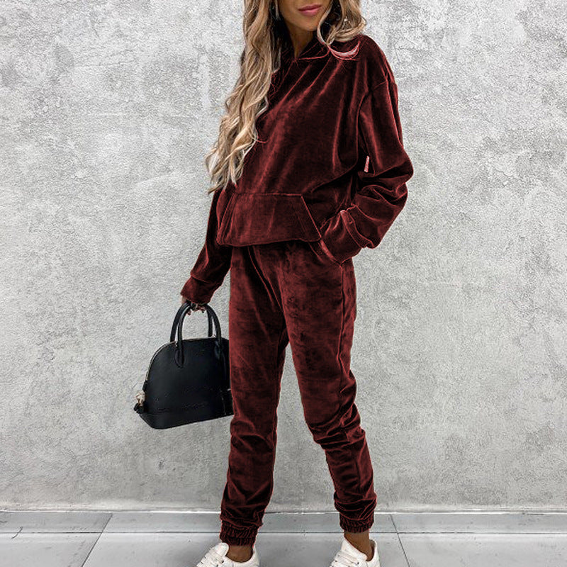 Velvet Pocketed Solid Color Women's Pullover Hoodie Sweatshirt + Sweatpants Tracksuit