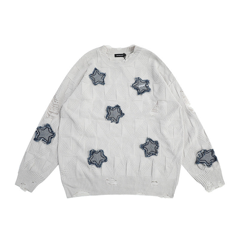 Men's Ripped Star Patch Embroidered O-Neck Loose Sweater
