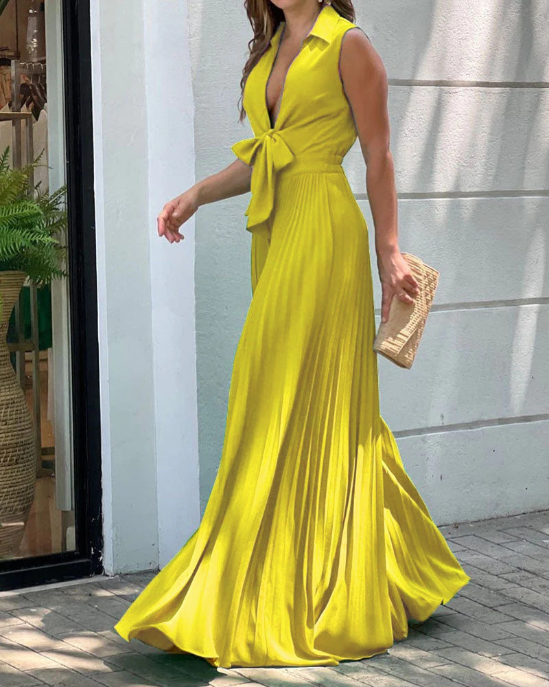 Ruffled Pleated Bowknot Lace-Up V-Neck Sleeveless Floral Print/Solid Color Wide Leg Jumpsuit