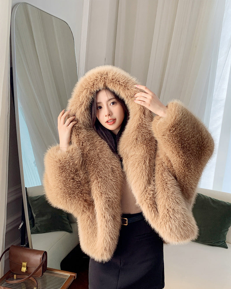 Faux Fur Plush Women's Solid Color Hoodie Jacket