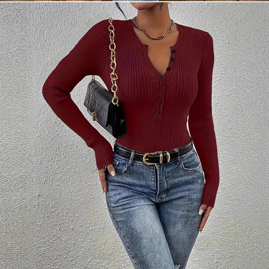 Henley Waffle Pattern Women's V-Neck Long Sleeve Button-Up Shirt