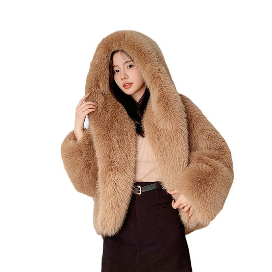 Faux Fur Plush Women's Solid Color Hoodie Jacket