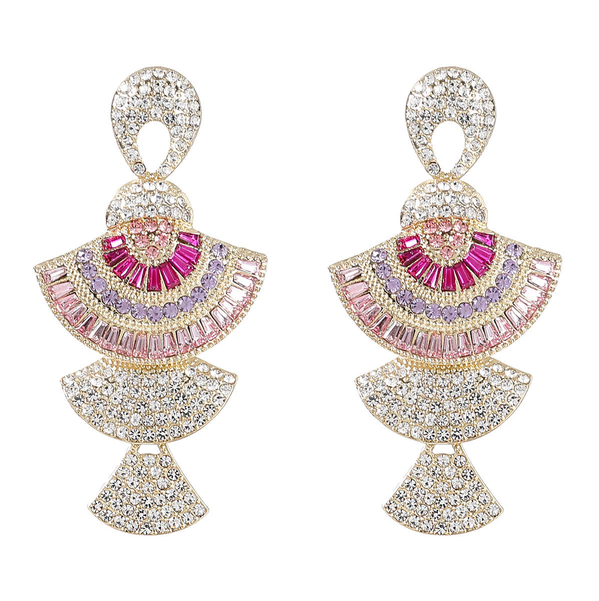 Vintage Fan Shaped Design Alloy Diamond Studded Rhinestone Acrylic Multi-Layer Earrings