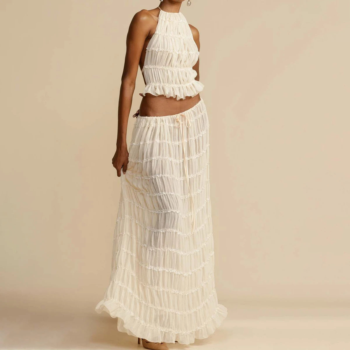 Sleeveless Backless Crop Halter Top + Pleated Tiered Maxi Skirt Beach 2-Piece Set