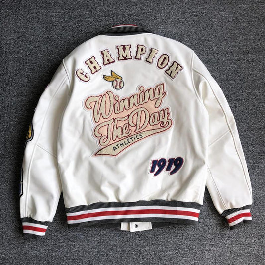 Men's White "Winning The Day" Patchwork Hip-Hop Letter Print Varsity Baseball Bomber Jacket