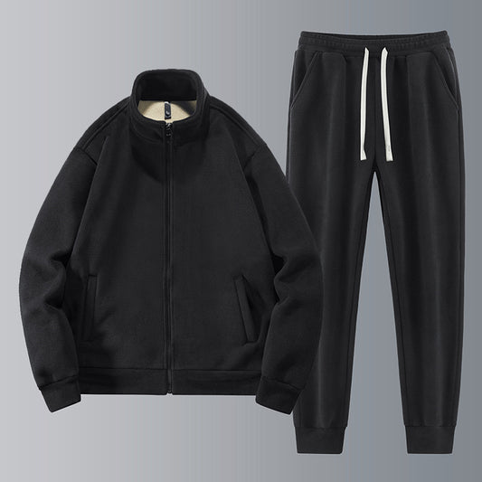 Men's Mandarin Collar Solid Color Fleece Hoodie Zipper Jacket + Drawstring Sweatpants Tracksuit w/ Belt Bag