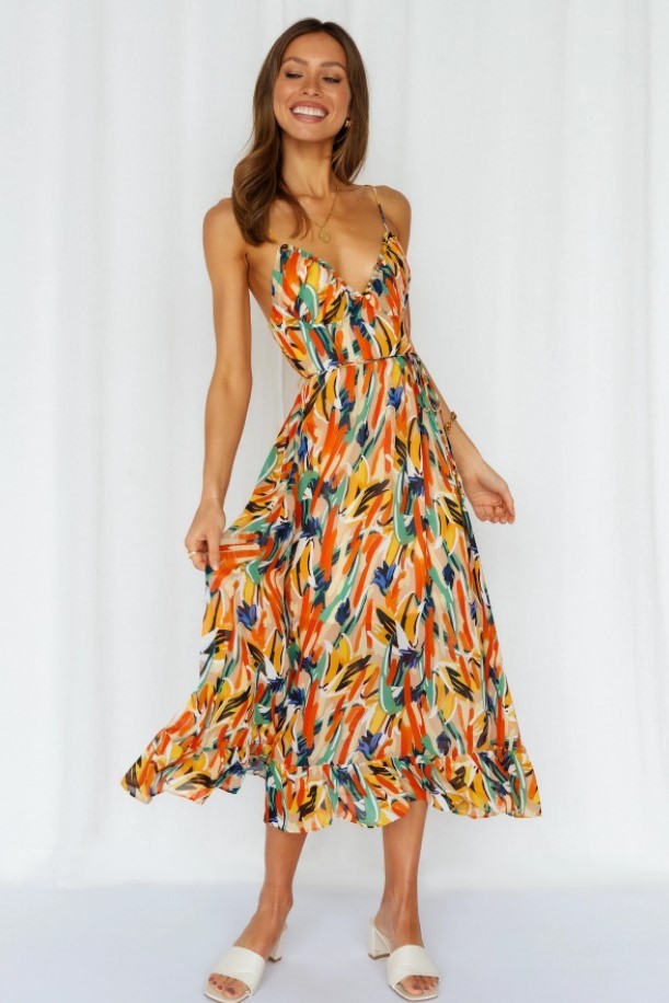 Bohemian Geometric Floral Print Spaghetti Strap High Slit Backless Maxi Sundress