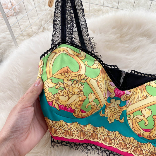 Baroque Lace Stitched Floral Print Crop Tank Top + Pleated Maxi Skirt Women's 2-Piece Set