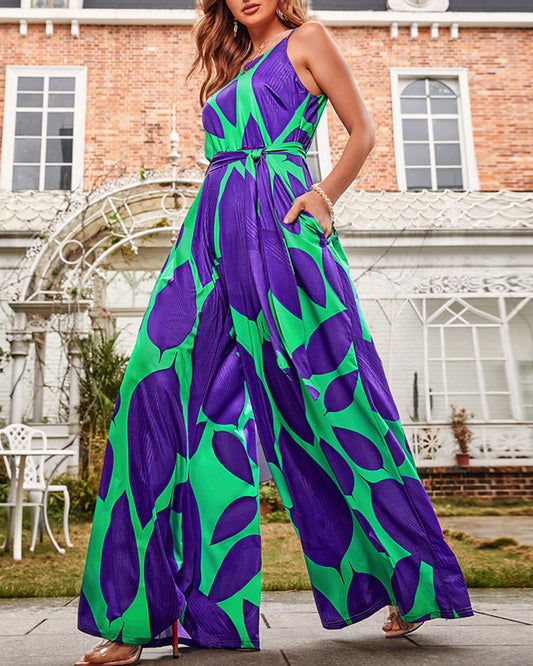 Sleeveless Green/Purple Leaf Print Casual Lace-Up Women's Wide Leg Jumpsuit