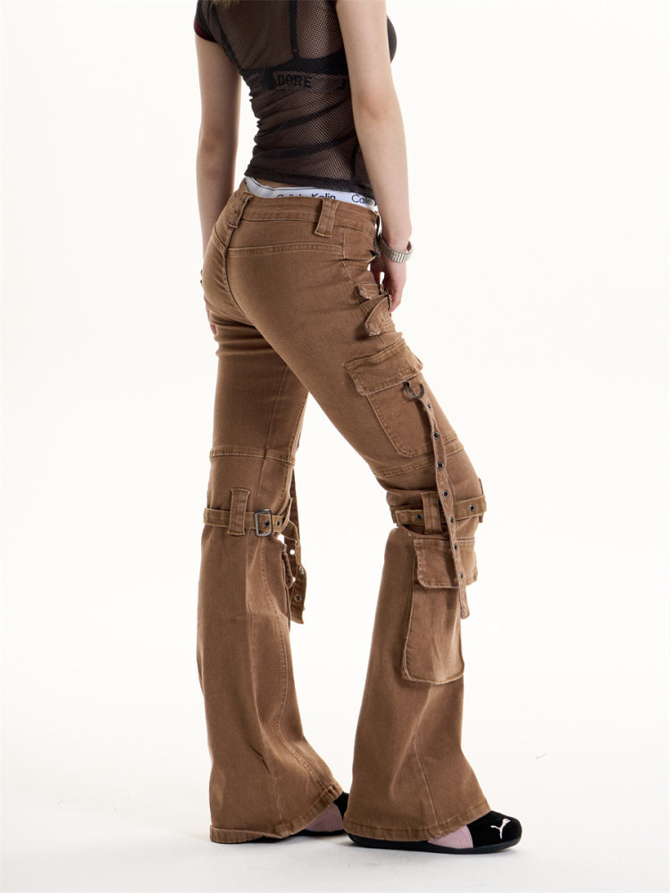 Retro Denim Brown Multi-Pocketed Women's Cargo Jeans