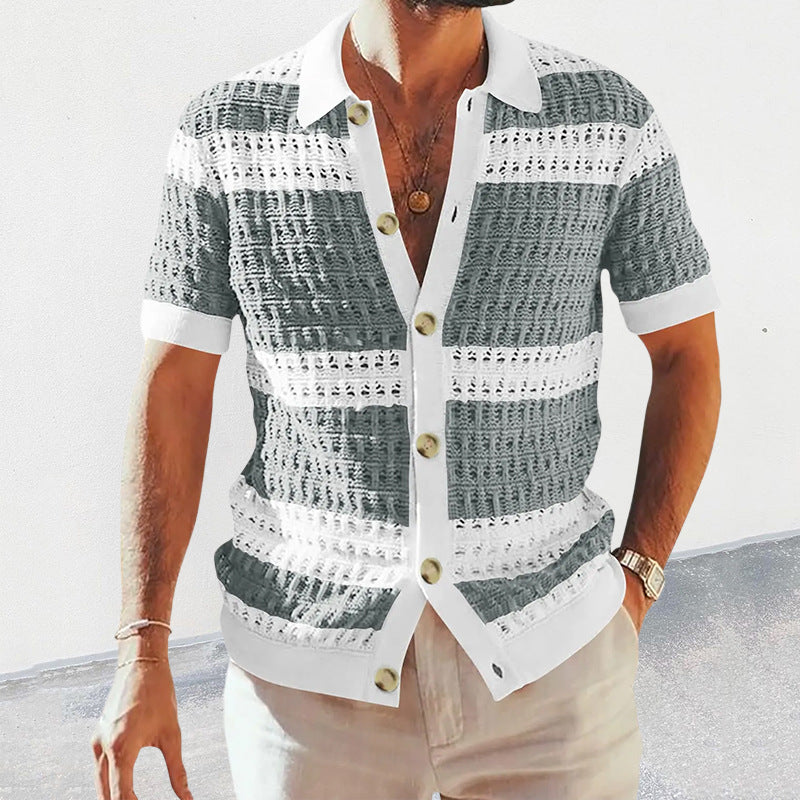 Men's English Knitted Crochet Striped Button-Up Short Sleeve Beach Polo Shirt