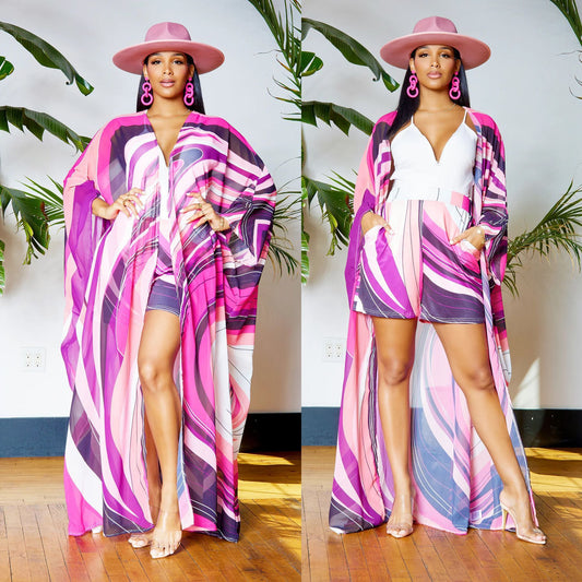 Chiffon Tropical Floral Print Maxi Cardigan Blouse w/ Matching Shorts 2-Piece Set