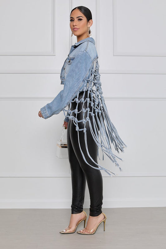 Denim Mesh Knotted Tassel Fringe Net Back Design Women's Jean Jacket to 3X Plus Size