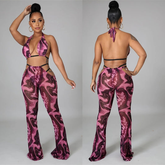 Swirl Print Hollow-Out Women's Thong Bikini Swimsuit w/ Matching Leggings 3-Piece Set