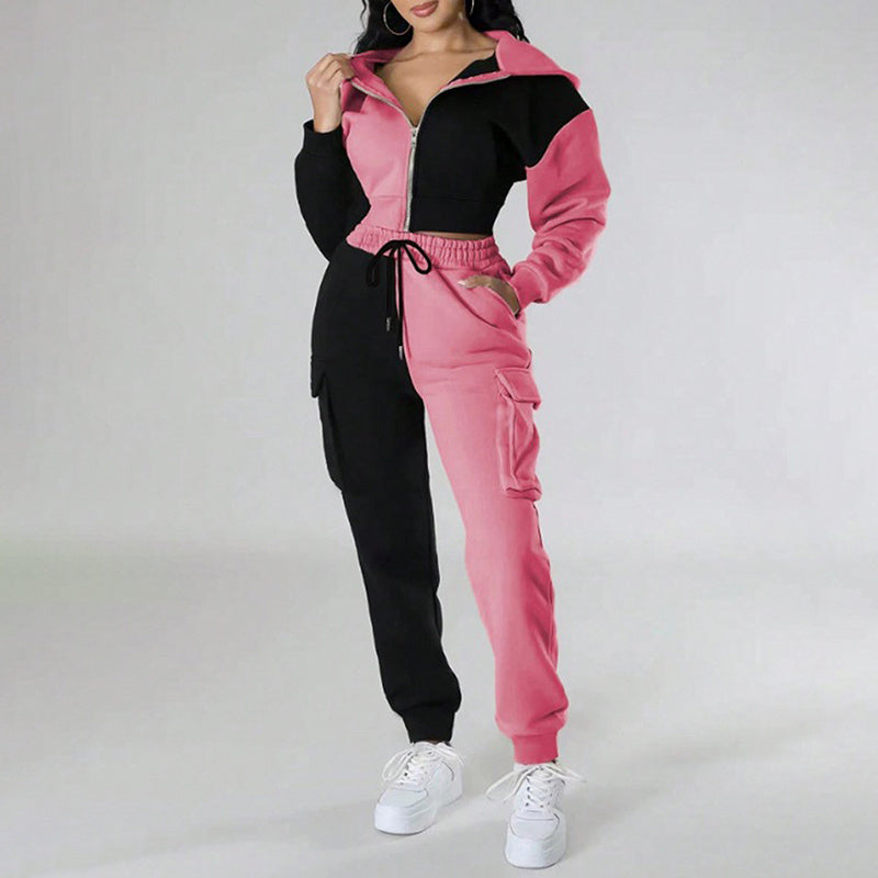 Colorblock Streetwear 2-Tone Cropped Zipper Sports Hoodie Jacket & Drawstring Cargo Pocketed Sweatpants Women's Tracksuit to 3X Plus Size