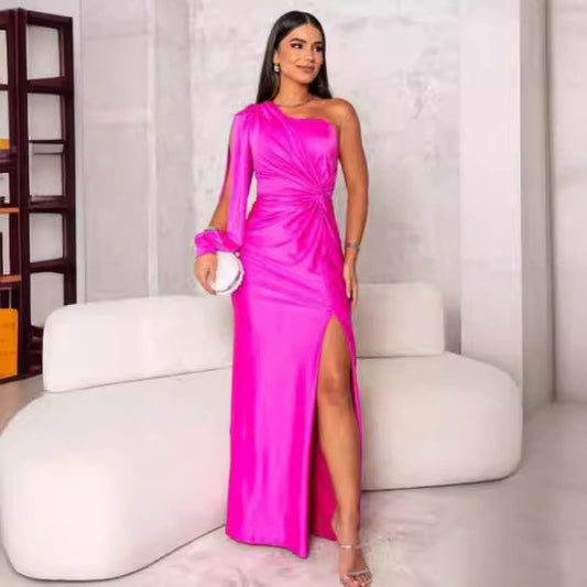 Satin Asymmetrical One Shoulder High Side Slit Long Sleeve Party Evening Formal Maxi Dress to 3X Plus Size-13 Colors