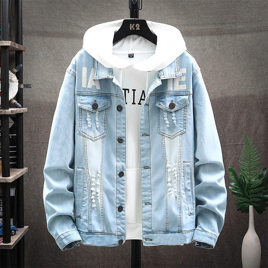 Men's Denim Ripped Gradient/Solid Loose Hip-Hop Button-Up Jean Jacket