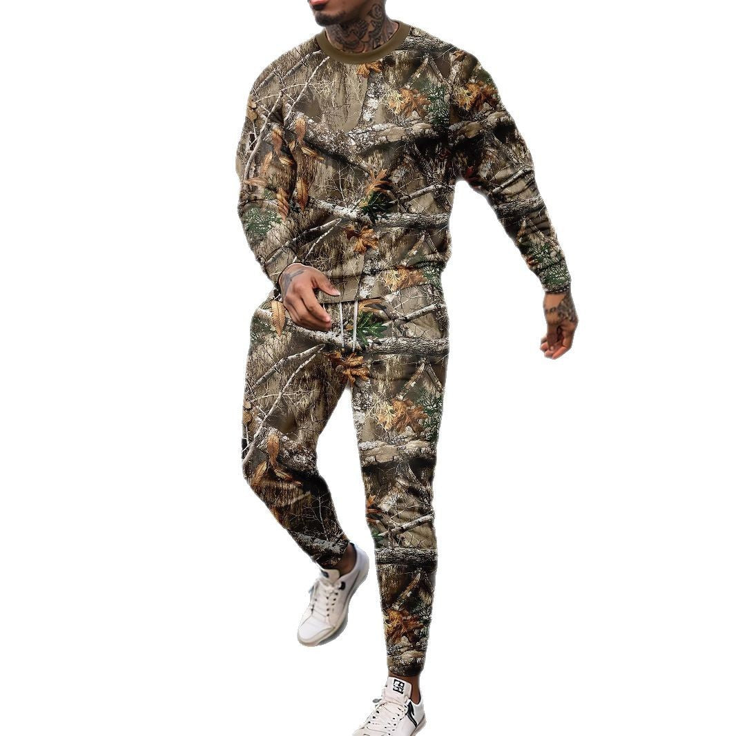 Men's Camo Geometric Fall Leaf Print O-Neck Long Sleeve Sweatshirt + Skinny Jogger Sweatpants Tracksuit to 6X Big & Tall