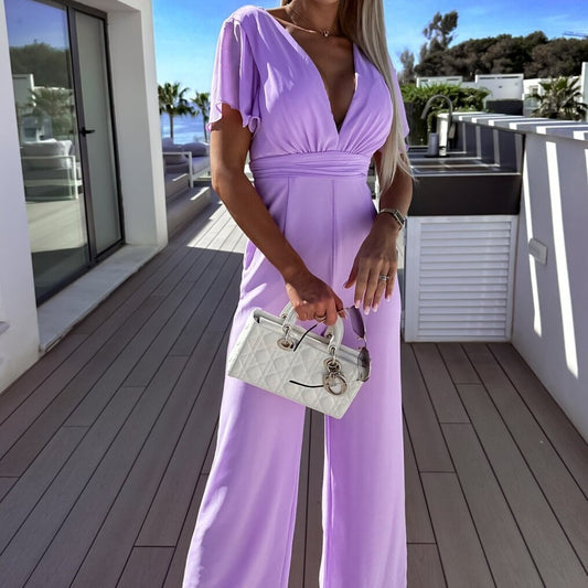 Deep V-Neck Women's Short Sleeve Cinched Waist Wide Leg Trouser Pants Jumpsuit