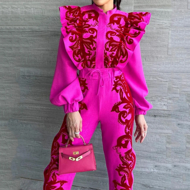 Ornate Swirl Print Pleated Ruffled Lantern Sleeve Blouse + Drawstring Trouser Pants Women's 2-Piece Set