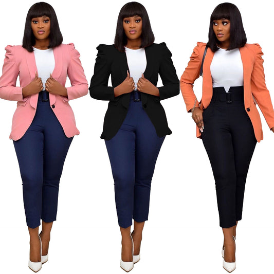 Balloon Sleeve Pleated Solid Color Women's Button Blazer Jacket