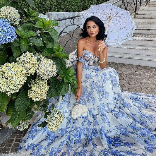 Floral White/Blue Off-the-Shoulder Bowknot Strap Lace-Up Big Swing Organza Maxi Formal Party Dress