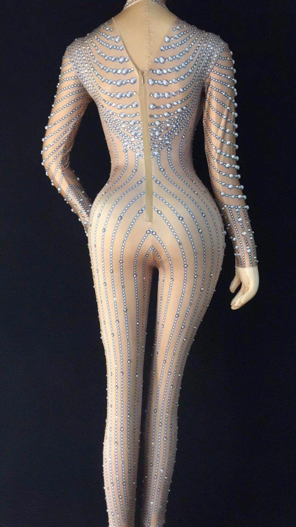Pearl Beaded Embellished Flesh Tone Mock Neck Long Sleeve Stretch Zipper Back Women's Stage Performance Formal Jumpsuit