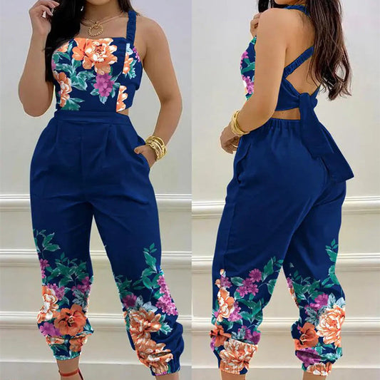 Flower/Butterfly/Faux Denim Colorblock Women's Jumpsuit to 3X Plus Size