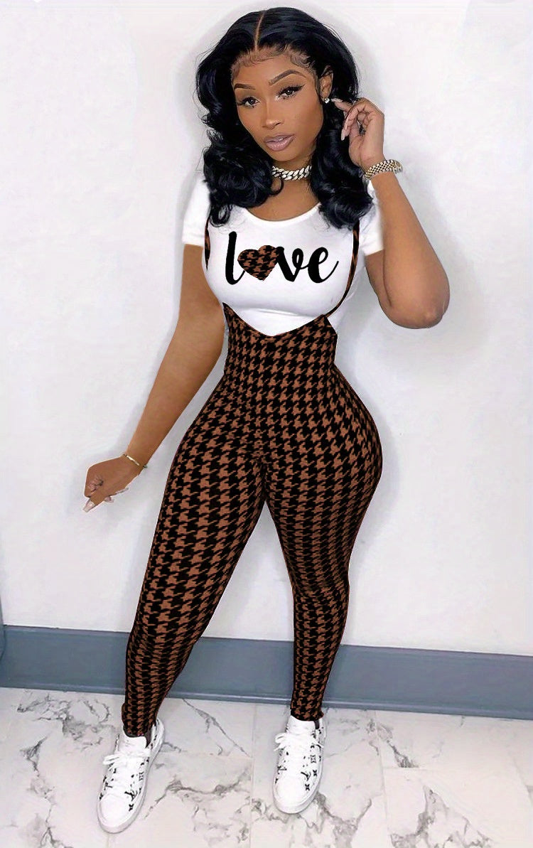 Sleeveless Houndstooth Plaid Print Cami Overalls Jumpsuit w/Love Heart Print T-Shirt Women's 2-Piece Set