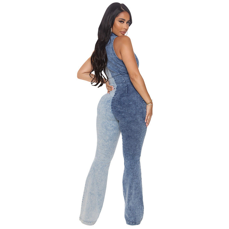 Denim Washed 2-Tone Colorblock Women's Sleeveless Turn-Down Collar Zipper Jean Jumpsuit to 5X Plus Size