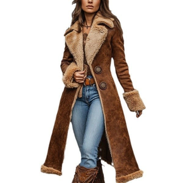Brown Vintage Denim Western Fleece Lined Plush Women's Trenchcoat to 3X Plus Size