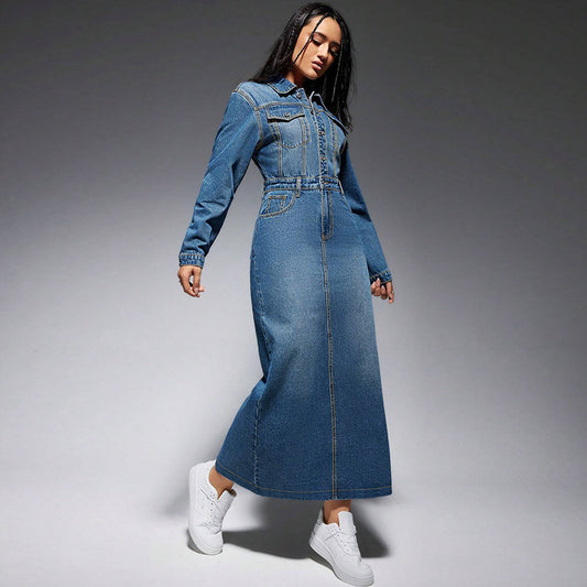 Denim Blue Washed Turn-Down Collar Long Sleeve High Back Slit Button-Up Maxi Jean Dress