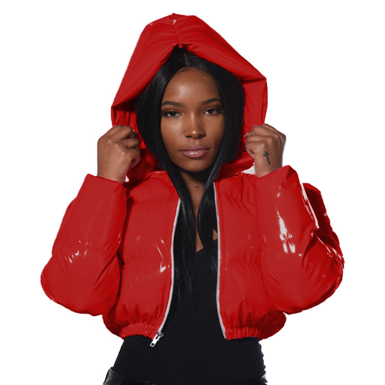 Glossy Hip-Hop Faux Leather Cropped Women's Down Cotton Puffer Hoodie Jacket