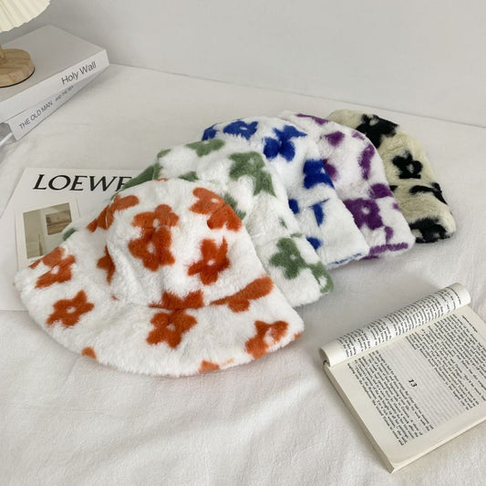 Big Flower Print Plush Bucket Hat