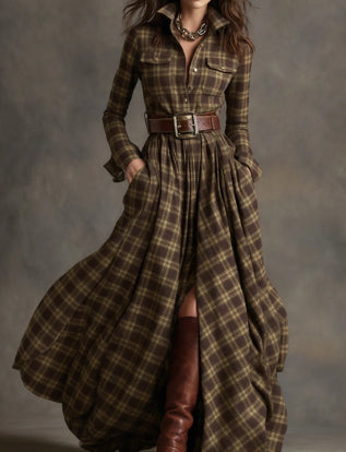 Oversized Plaid Print Long Sleeve Pocketed Turn-Down Collar Button-Up Big Swing Maxi Dress to 4X Plus Size