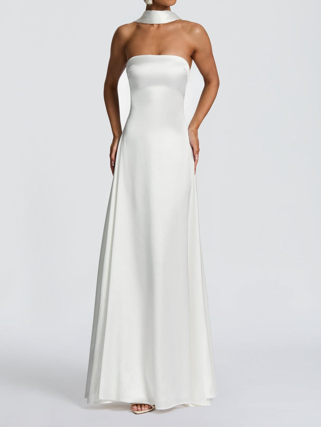 Oversized Satin Sleeveless Solid Color Floor-Length Formal Dress w/ Neck Sash